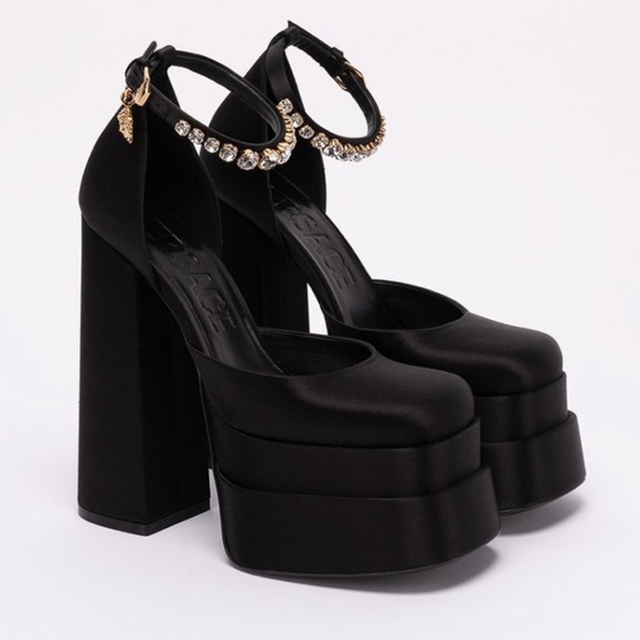 Versace Shoes - New! VERSACE Logo Medusa Charm Aevitas Satin Platform Pumps